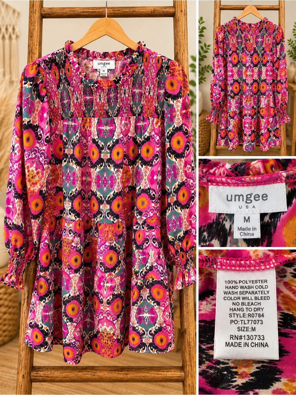 Umgee Pink Floral Print Girls' Boho Tunic Dress Size M